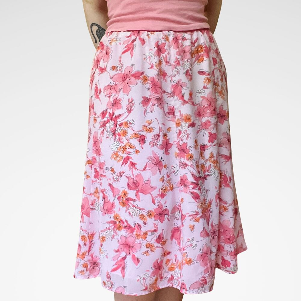 VTG y2k Laura Scott | Flowy Light Pink Floral Lined Midi Skirt | Size XL